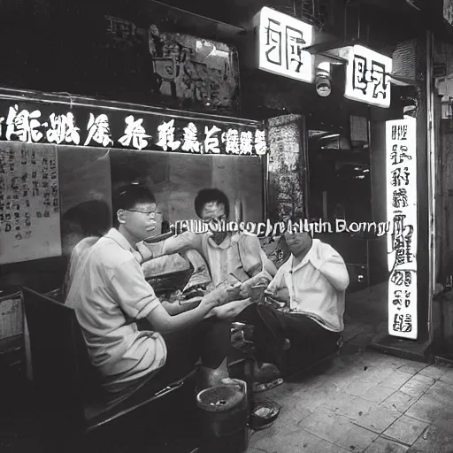 Prompt: a group of men playing mahjong and smoking cigarettes inside a store in kowloon walled city. Water pipes overhead are leaking. Neon signs light the dark alleys