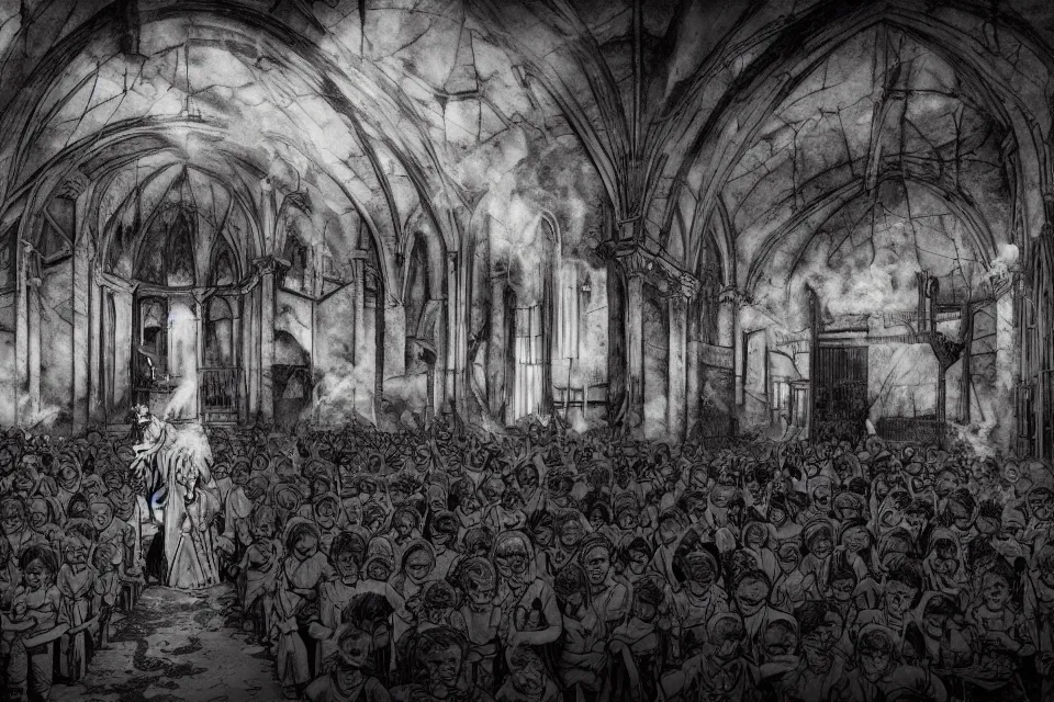 Prompt: Horrific Demonic Possession Of Elementary School Children and Priests and Nuns In A Dilapidated Burning Church In Rome, Junji Ito Kazuo Umezu Style, beautiful aesthetic, photorealistic, volumetric lighting, hyperrealistic, octane render, HDR, photorealistic