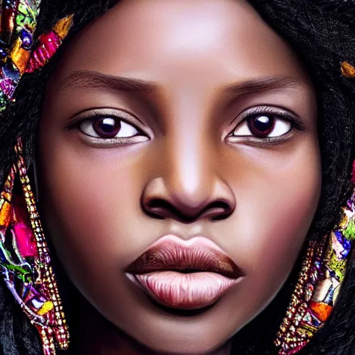 Image similar to A masterpiece portrait of a Incredibly beautiful African girl albino model with nose ring. With big bright rich jewelry. In European royal gorgeous barocco clothes. Queen\'s crown. Vogue. trending on artstation, digital art, by Stanley Artgerm Lau, WLOP, Rossdraws, James Jean, Andrei Riabovitchev, Marc Simonetti, Yoshitaka Amano