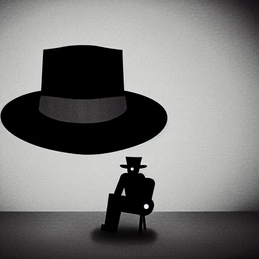 Prompt: Robot detective with hat and trenchcoat sitting in a dimly lit room, atmospherics, film noir