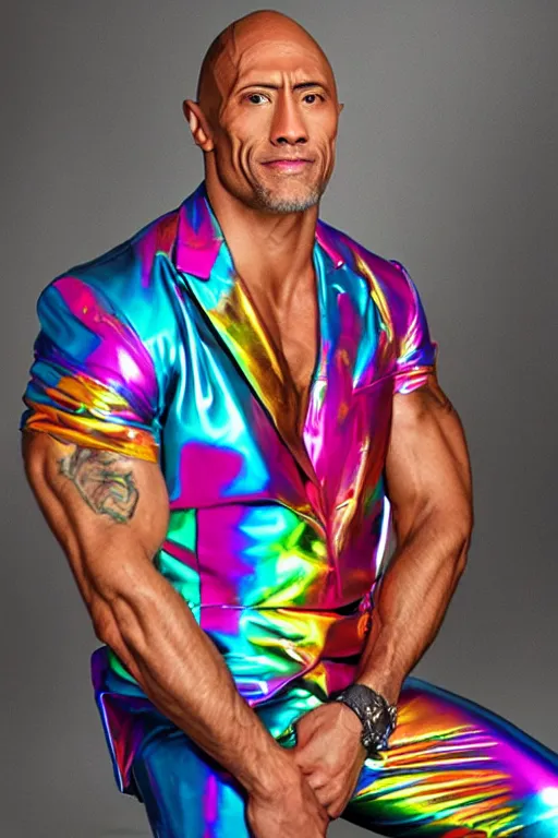 Image similar to photo portrait of the rock wearing a rainbow metallic suit