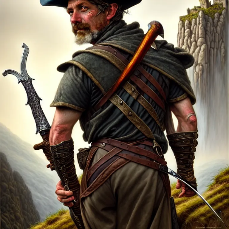 Prompt: middle age ranger with rugged expressions falcon pet on his shoulder holding a high detailed long sword, top a cliff observing old ruins of a castle, elegant clothing, photorealistic render, matte painting, highly detailed, artstation, smooth, sharp focus, art by michael whelan, artgerm, greg rutkowski