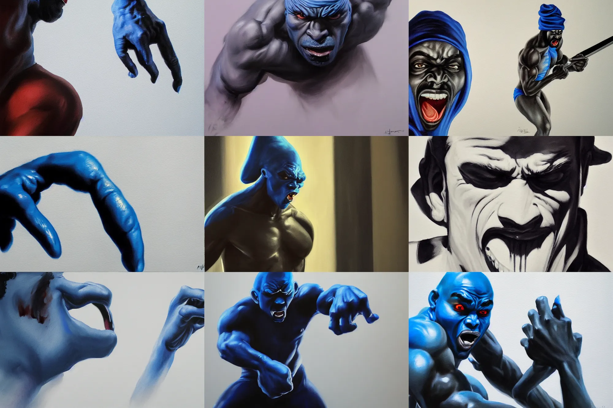 Prompt: black smurf being very very angry, realistic painting, very detailed, rich texture, low volumetric light, minimalistic on white background