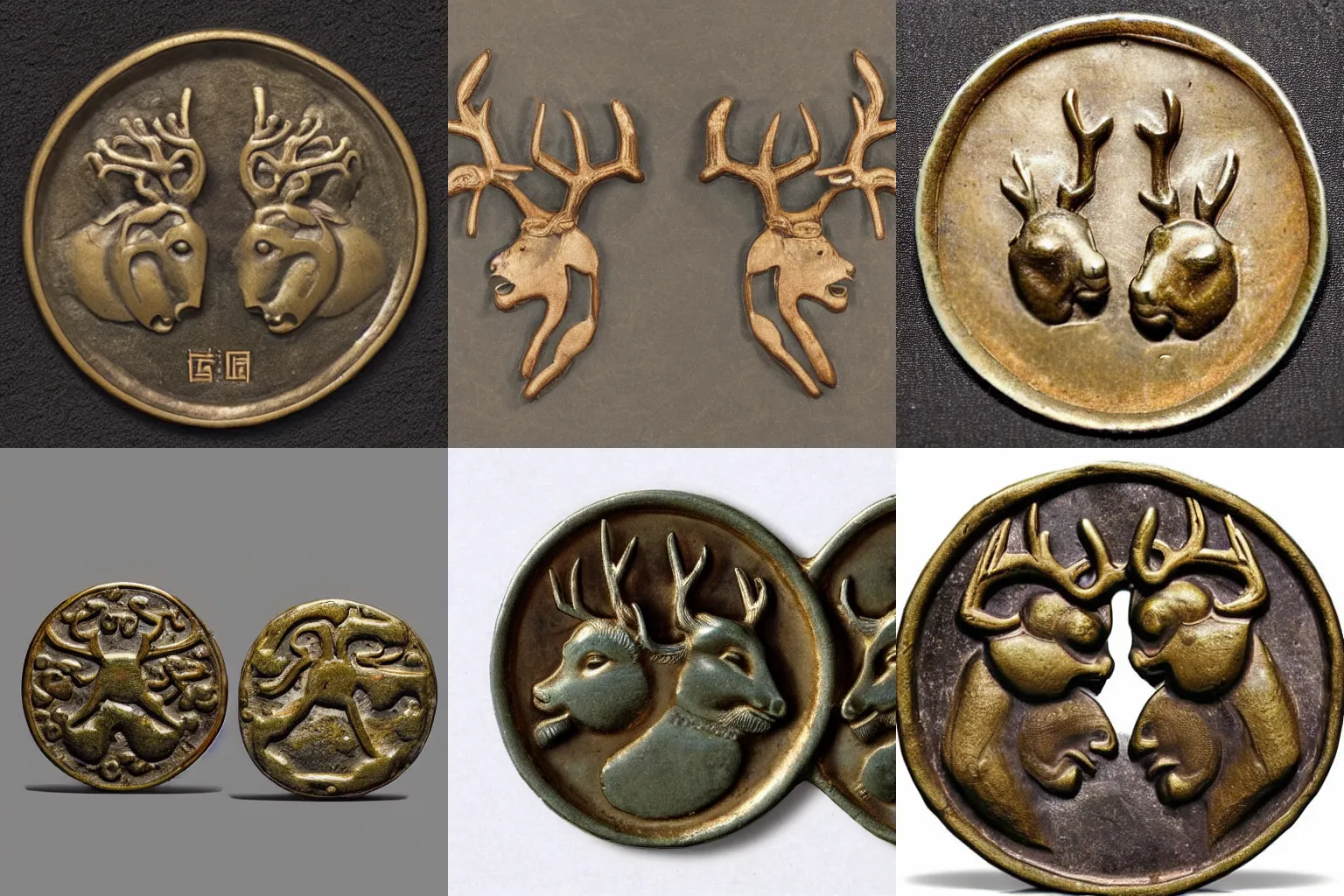 Prompt: The reverse of an ancient Chinese bronze coin showing two deer heads side by side