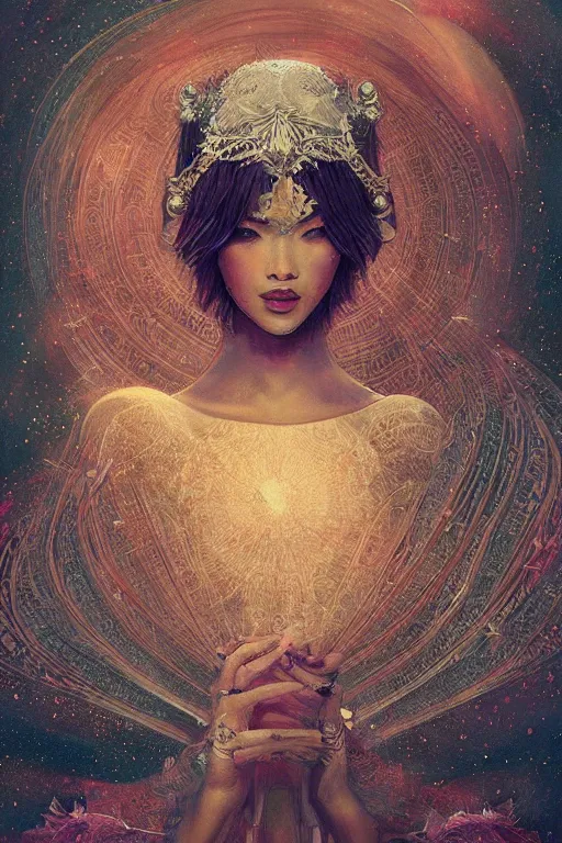 Image similar to intricate, amazing, retro vintage and romanticism, painting by natelle quek, soft color palette, cinematic, highly detailed, godess from space sci - fi of ancient religion