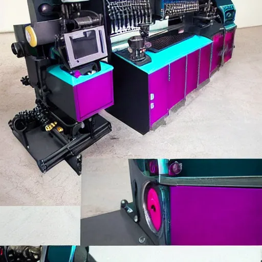 Image similar to complex and detailed industrial machine. Dark teal and magenta. Electrical and Mechanical Engineering