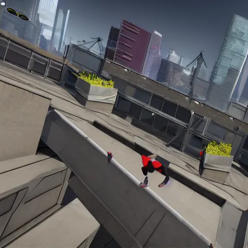 Image similar to parkour delivery service in a cyberpunk setting, city rooftops parkour girl, mirrors edge