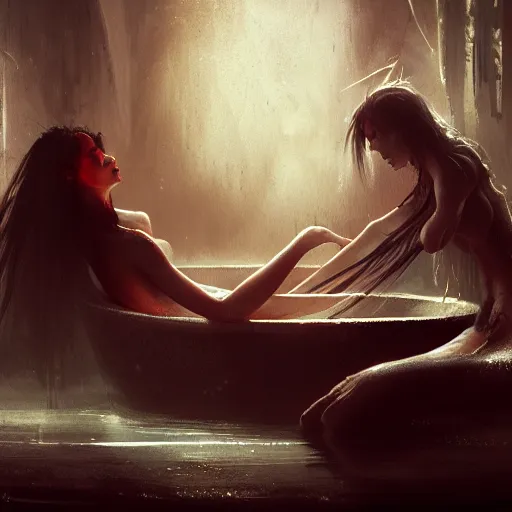 Image similar to photography of beautiful female vampire bathing a bathtub of blood, concept art by greg rutkowski and luis royo, dark and eloquent environment, highly detailed portrait, digital painting, artstation, concept art, smooth, sharp focus illustration, artstation hd