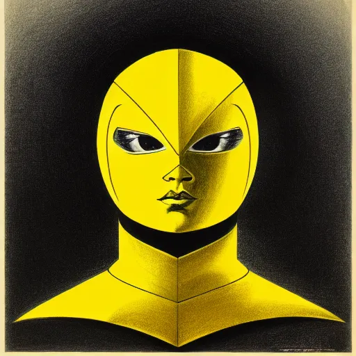 Prompt: yellow ranger lithography on paper conceptual figurative ( post - morden ) monumental dynamic soft shadow portrait drawn by hogarth and escher and francis bacon, inspired by goya, illusion surreal art, highly conceptual figurative art, intricate detailed illustration, controversial poster art, polish poster art, geometrical drawings, no blur