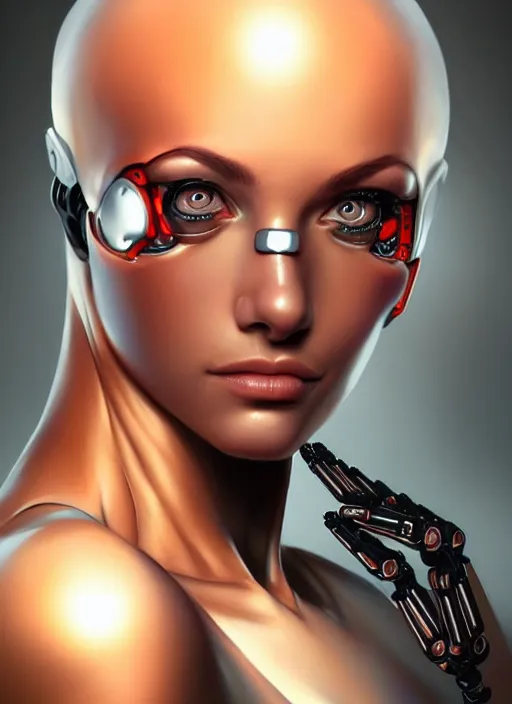 Image similar to portrait of a cyborg woman by Artgerm, face turns left+100 (((((face turns right))))), open eyes , biomechanical, hyper detailled, trending on artstation