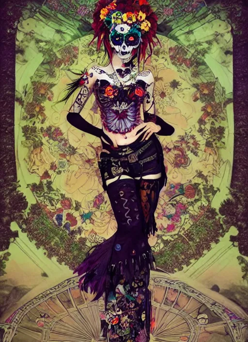 Prompt: cute punk goth fashion fractal Día de los Muertos tattooed girl posing in goth outfit by Zhang Jingna, psychedelic poster art of by Victor Moscoso Rick Griffin Alphonse Mucha Gustav Klimt Ayami Kojima Amano Charlie Bowater, masterpiece