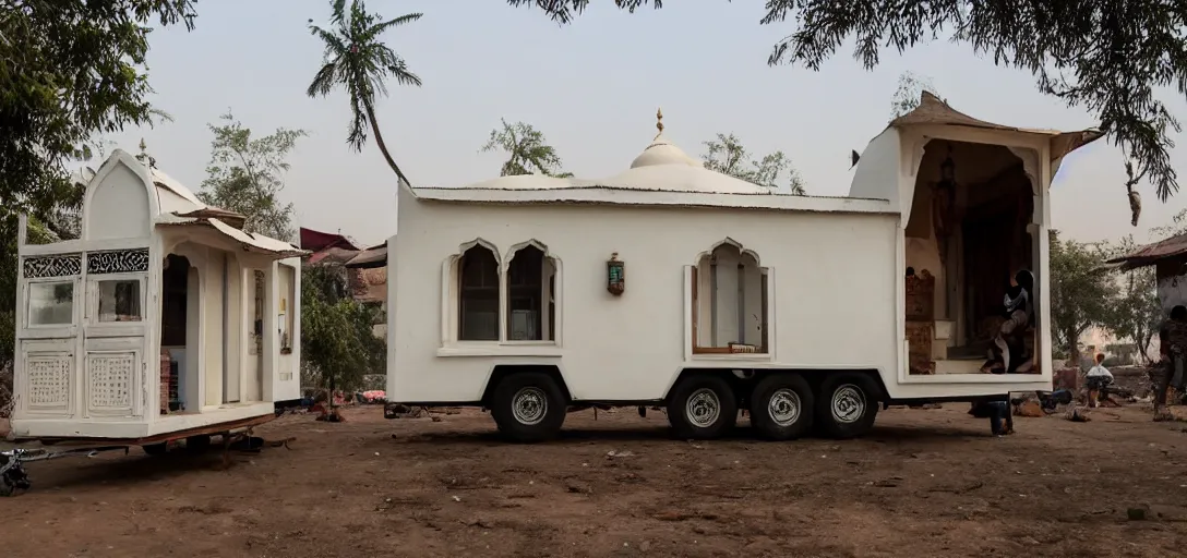 Image similar to mughal - style white ivory tiny home on trailer with minarets in cyberpunk india