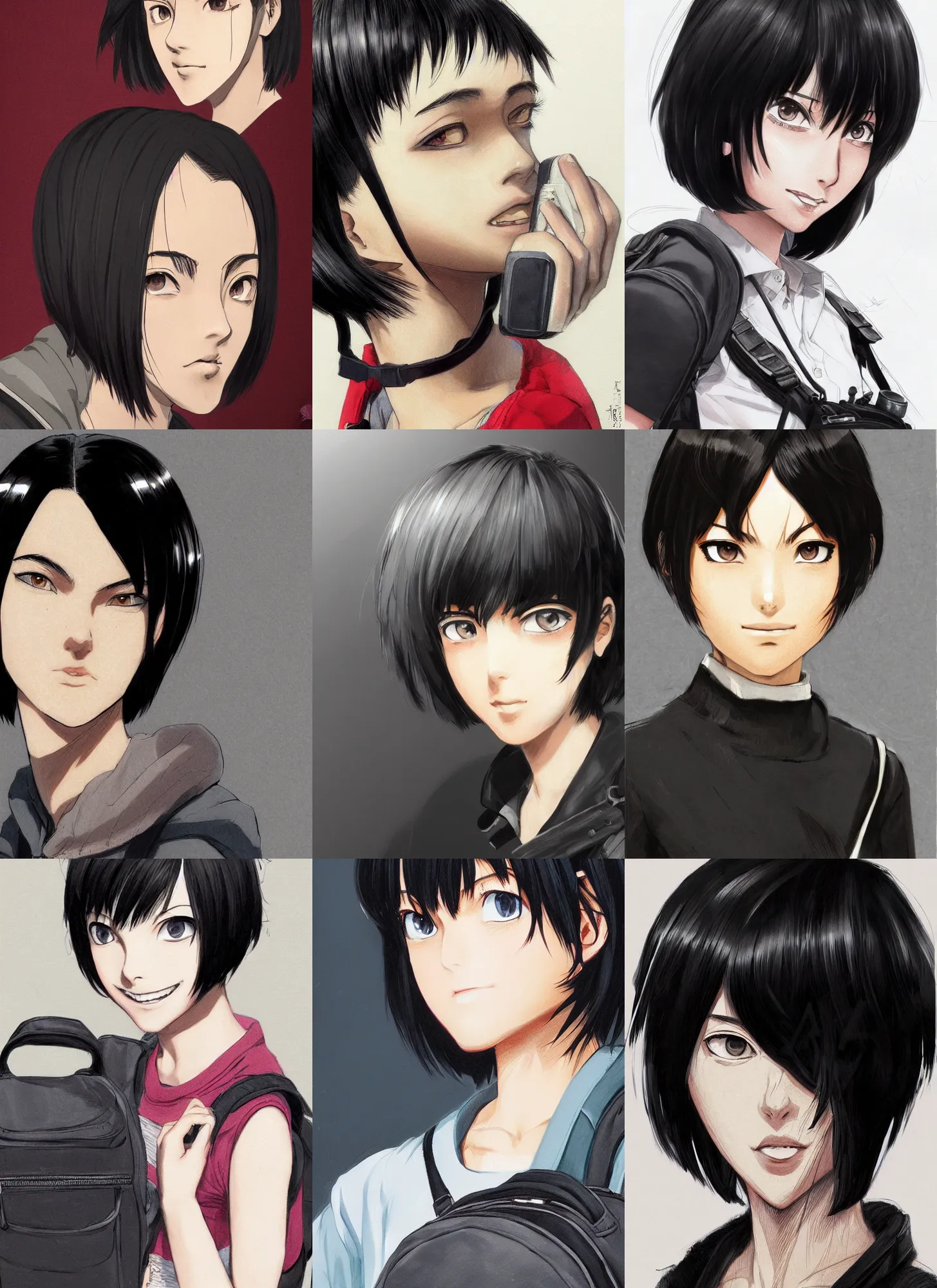 Prompt: Close-up portrait of kind young woman with short black hair in a bob cut, with a backpack, slightly dirty face, portrait, highly detailed, digital painting, artstation, concept art, sharp focus, illustration, art by Yusuke Murata and Kohei Horikoshi