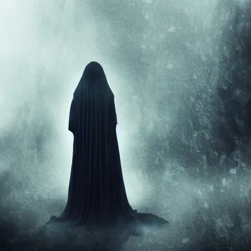 Prompt: a high detailed photo of a lady in a dark cloak suspended in mid air, seen from behind, ancient forest, mist, 35mm, photorealistic, realistic, deviantart, gloomy atmosphere, high definition