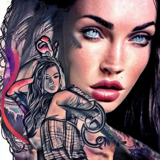 Prompt: tattoo design sketch megan fox face double exposure effect with beautiful mountain scenery, in the style of matteo pasqualin, amazing detail