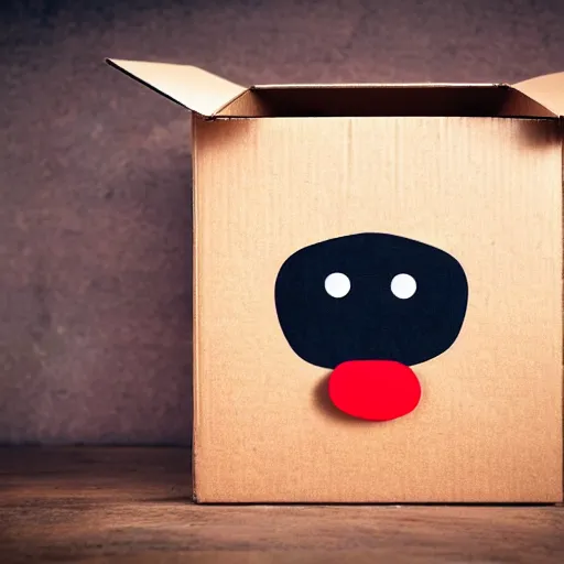 Prompt: a cardboard box opened up with a clown face popping out of it, realistic, the name wbnl on it