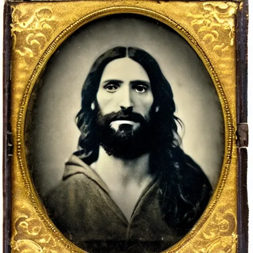 Prompt: A daguerreotype photograph of Jesus Christ.