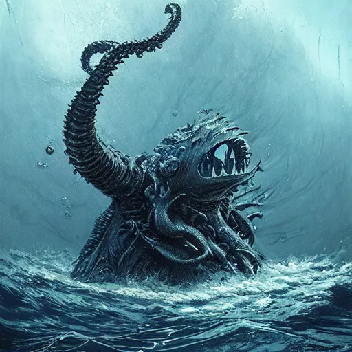 Image similar to sea beast of the depths in the style of michael whelan and h. p. lovecraft. hyperdetailed photorealism by greg rutkowski