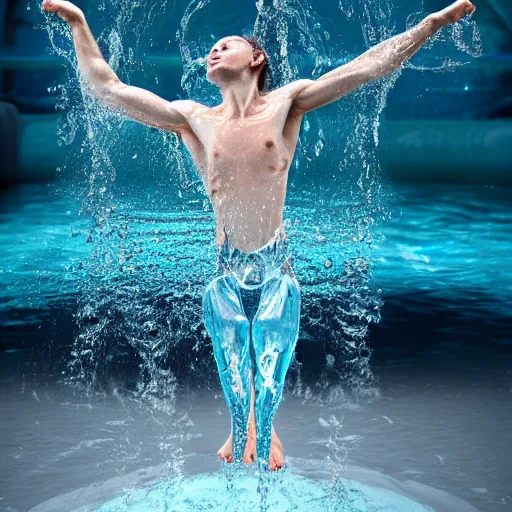 Image similar to a human water dancing, water style, hyperrealistic, hyper detail, full body shot