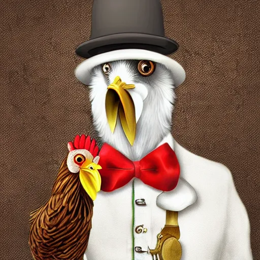 Prompt: a chicken butler with a fancy mustache and a monocle, high detail, digital art,