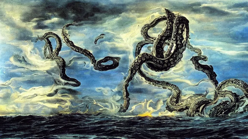 Image similar to a giant kraken emerges from the ocean on a beautiful dark night, flashes of lightning and fire, extraodinary masterpiece!!!!!!, by Salvador Dali