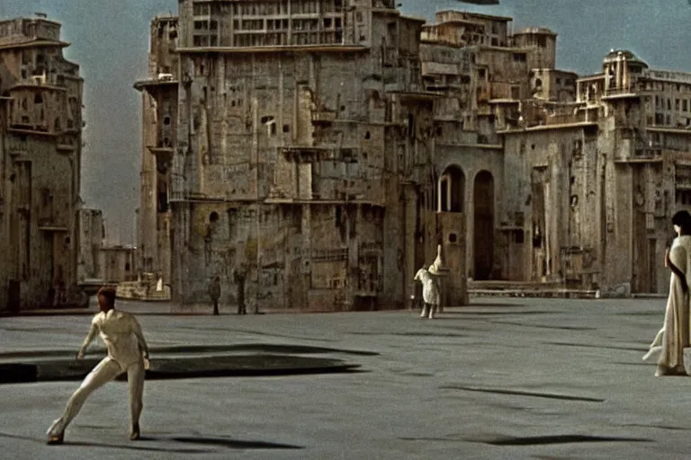 Prompt: a scene from the movie la felicita ( 1 9 7 1 ) by luchino visconti with mastroianni entering a scifi cyberpunk futurist city reminiscent of the ( ( ( ideal city by piero della francesca. technicolor ) ) ), cinematic, 5 0 mm, highly detailed