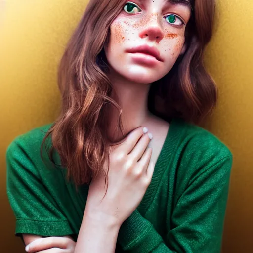 Prompt: intricate beautiful portrait of a cute thin young woman, light bronze brown hair, very detailed emerald green eyes, red blush, light freckles, soft smile, casual clothes, relaxing on the couch, home interior, golden hour, close up shot, 8 k, hyperreal art by irakli nadar, hyperrealism, hyperdetailed, ultra realistic