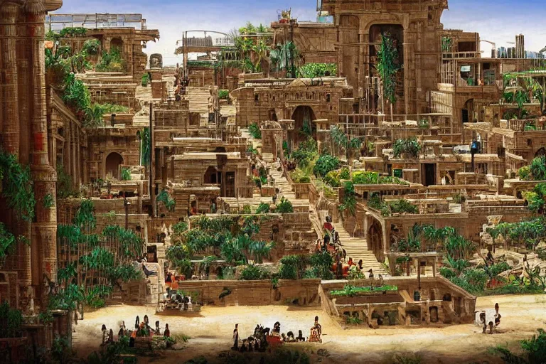 Prompt: ancient city of Babylon, hanging gardens of babylon. Robot mechas roaming the streers of ancient babylon. By beethoven, highly detailed
