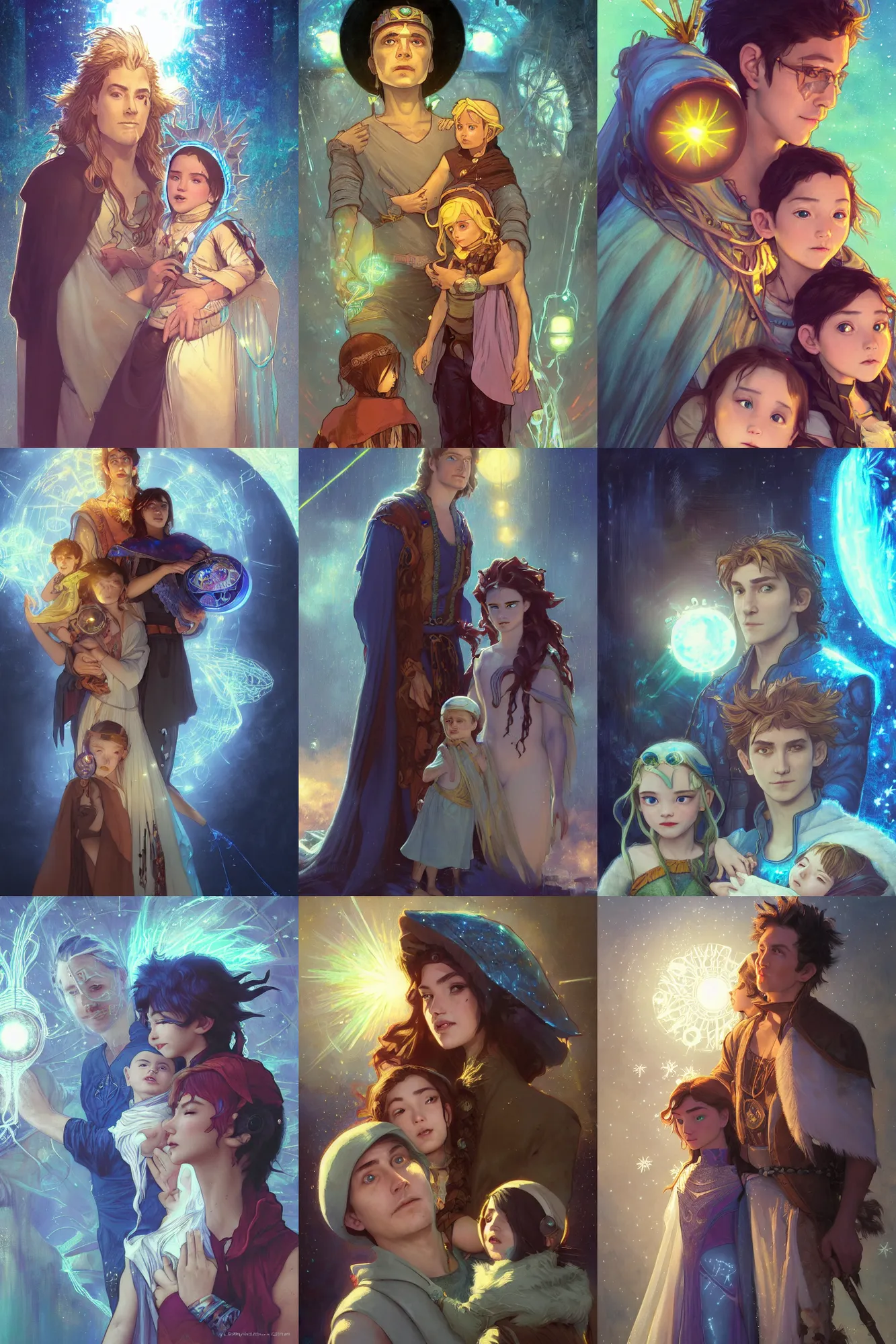 Prompt: a cinematic beautiful close up moment of a young cyberpunk sun god and moon goddess magician family with child, portrait, wearing sunhat with string lights, family photography, Frozen Klaus film, digital painting, artstation, concept art, illustration, Frozen II art masterpiece by art by Krenz Cushart, Artem Demura, alphonse mucha, yoji shinkawa, ArtGerm, Jon Lothian, Danilo Torres, Adi Meyers, Thomas Reimann, Gaston Bussiere