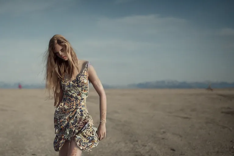 Image similar to 85mm beautiful model fashion photoshoot at the end of the world by Emmanuel Lubezki