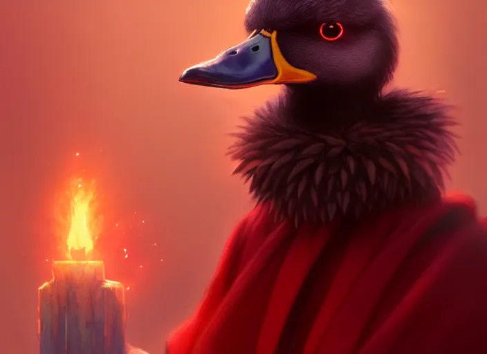 Image similar to cute fluffy mallard duck wearing red cultist robe, details, fantasy, epic, sacrificial altar, landscape illustration concept art anime key visual trending pixiv fanbox by wlop and greg rutkowski and makoto shinkai and studio ghibli and kyoto animation symmetrical facial features