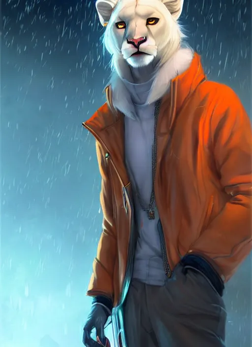Image similar to award winning beautiful portrait commission of a male furry anthro albino mountain lion fursona with a tail and a cute beautiful attractive detailed furry face wearing stylish cyberpunk clothes in a cyberpunk city at night while it rains. Blue and Orange. Character design by charlie bowater, ross tran, artgerm, and makoto shinkai, detailed, inked, western comic book art