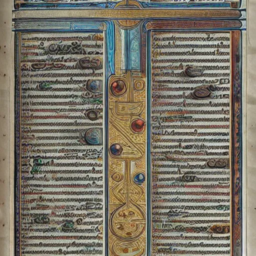 Prompt: intricately detailed physically based octane render of an epic illuminated manuscript codex, the blueprints for unlocking the secrets of the universe :: designed by Luigi serafini, nikola tesla, Leonardo da Vinci, 8k