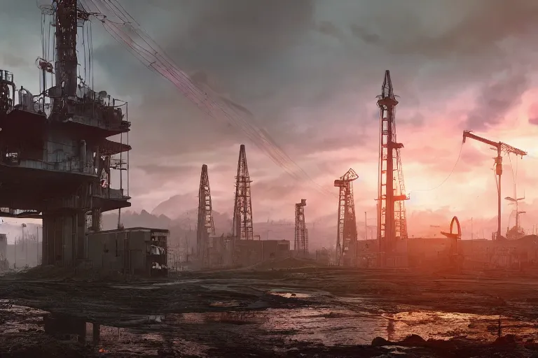 Image similar to oil field in battlefield 4 by simon stalenhag and robbert sammelin and eric persson, 4 k, hd wallpaper, hdr, tonemapping, detailed, atmospheric, global illumination, majestical lighting, saturated, wet, ray tracing, anamorphic lens, chromatic aberration, battlefield 4