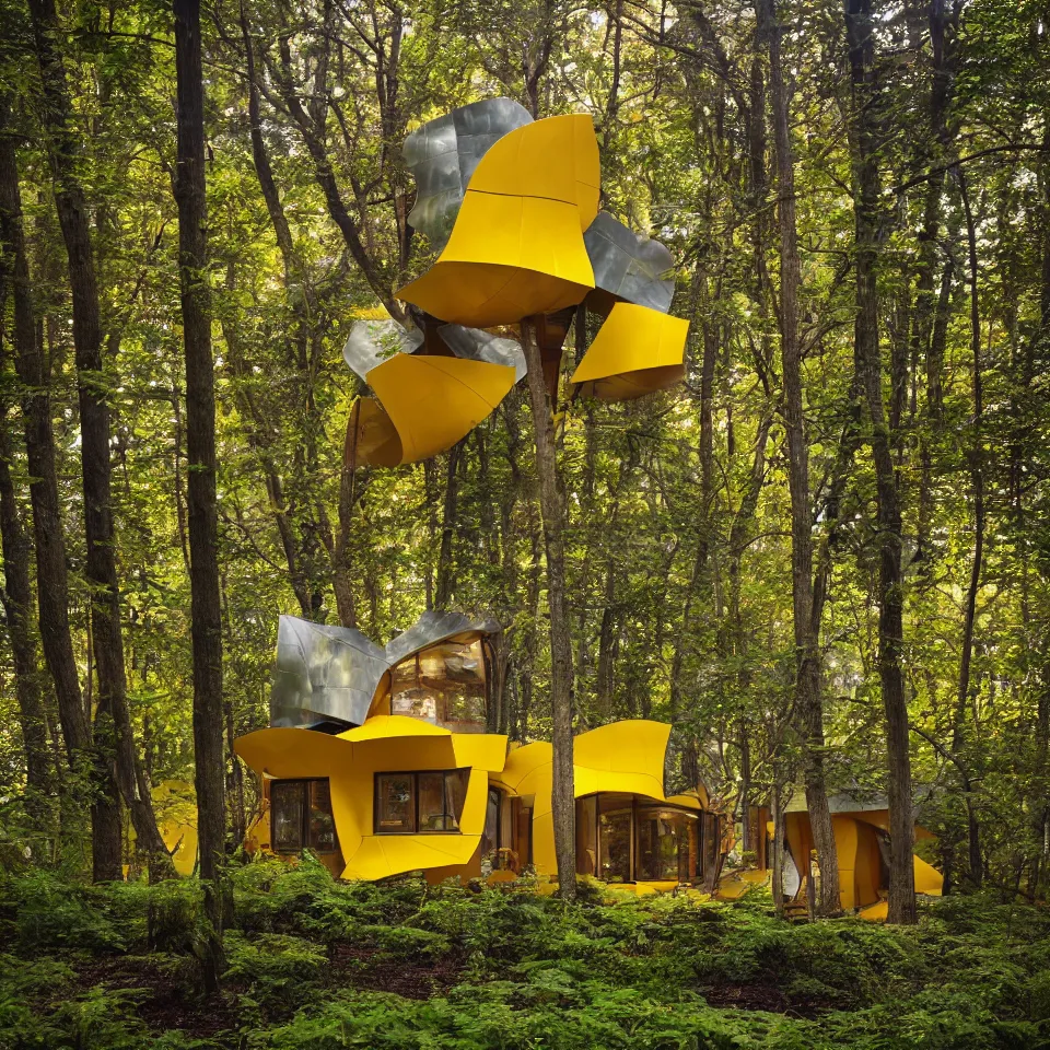 Image similar to a tiny tiny house in a light forest, designed by Frank Gehry. Tiles. Film grain, cinematic, yellow hue