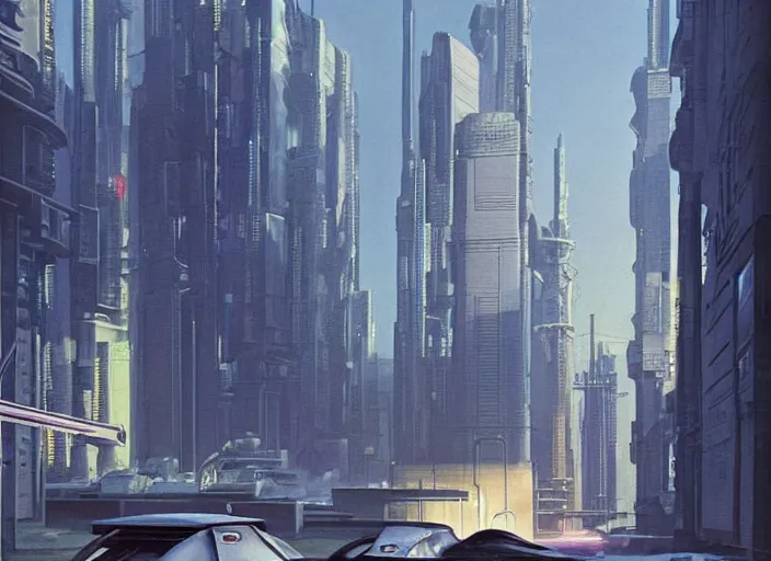 Image similar to a car driving down a street next to tall buildings the night at 9:00 am, cyberpunk art by Chesley Bonestell, cgsociety, retrofuturism, matte painting, reimagined by industrial light and magic