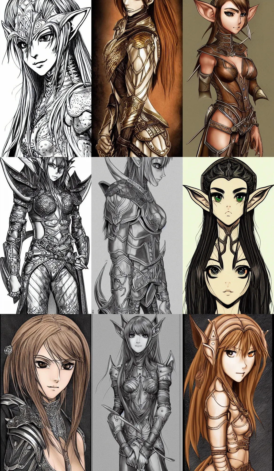 Prompt: manga line art portrait of a beautiful elf with tan skin in leather armor, very detailed, realistic, colorful