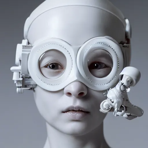 Image similar to full head and shoulders, beautiful female porcelain sculpture with lots of white 3 d cyborg elements, white prosthetics, 3 d goggles, smooth, all white features on a white background, delicate facial features, white eyes, white lashes, detailed white liquid, anatomical by daniel arsham and james jean