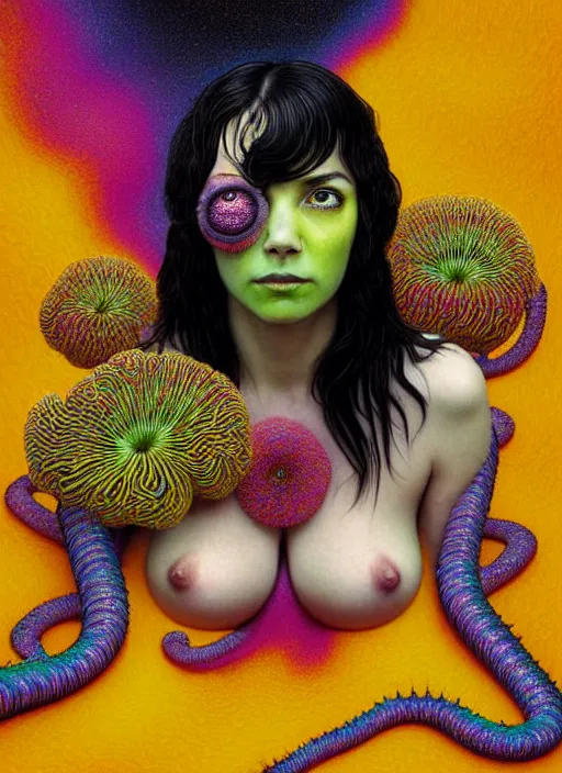 Image similar to hyper detailed 3d render like a Oil painting - Ramona Flowers with wavy black hair wearing thick mascara seen Eating of the Strangling network of colorful yellowcake and aerochrome and milky Fruit and Her staring intensely delicate Hands hold of gossamer polyp blossoms bring iridescent fungal flowers whose spores black the foolish stars by Jacek Yerka, kawaii ,Mariusz Lewandowski, cute silly face, Houdini algorithmic generative render, Abstract brush strokes, Masterpiece, Edward Hopper and James Gilleard, Zdzislaw Beksinski, Mark Ryden, Wolfgang Lettl, Dan Hiller, hints of Yayoi Kasuma, octane render, 8k