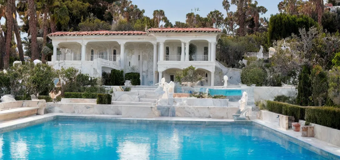 Image similar to house made of pentelic marble, designed by ictinus and callicrates. neptune pool from hearst castle in backyard. built in 1 9 5 9 in santa monica. fancy post - oscars party