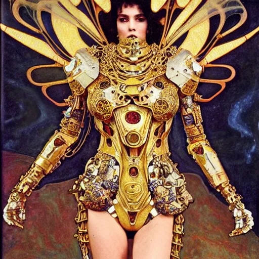 Image similar to haute couture scale armour sf paladin editorial by klimt, biomechanical hornet with metal couture wings by malczewski, ornate wh 4 0 k chaos lord in gold, bismuth and obsidian by giger, on bloody cosmic battleground by alphonse mucha