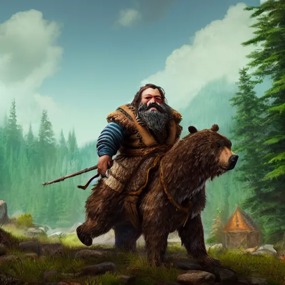 Image similar to Drunk Dwarf Woodsman riding Bear Companion into a Tavern, RPG Portrait Full Body, Oil Painting, Trending on Artstation, octane render, Insanely Detailed, 8k, HD