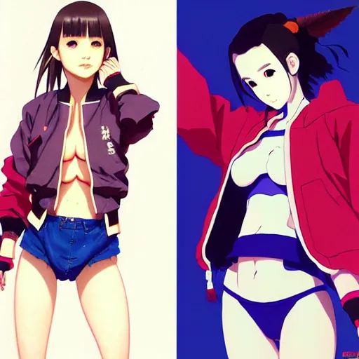 Image similar to a beautiful japanese natalie portman gravure model, wearing oversized native designer bomber jacket and leotard, bulky poofy bomber jacket with mesoamerican patterns, mesoamerican native street fashion, gapmoe yandere grimdark, trending on pixiv fanbox, painted by greg rutkowski makoto shinkai takashi takeuchi studio ghibli, akihiko yoshida