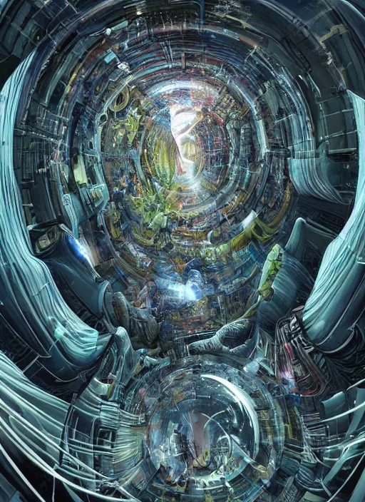 Image similar to the machine universe encounters a living cosmos inside an asymmetric orthogonal non - euclidean upside down inside out world with an infinite cosmic spiral waterfall of living information, inspired by android jones and blake foster, hyperrealistic, extreme detail, digital art, concept art, rendered in cinema 4 d, cryengine 8 k