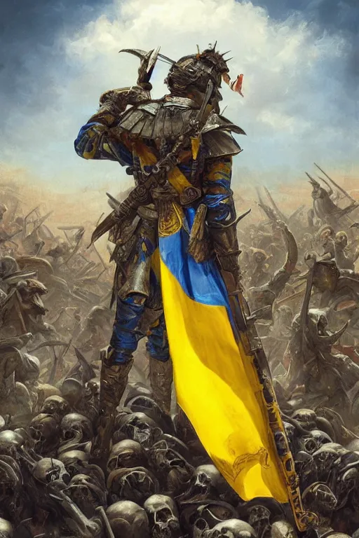 Prompt: A distant shot view from behind of soldier with a blue and yellow flag behind him is standing on a pile of skulls in triumph after the battle, extended art, D&D, fantasy, intricate, elegant, highly detailed, hyper realistic, digital painting, artstation, concept art, matte, sharp focus, illustration, art by Artgerm and Noah Bradley and Scott M Fischer and Greg Rutkowski and Alphonse Mucha