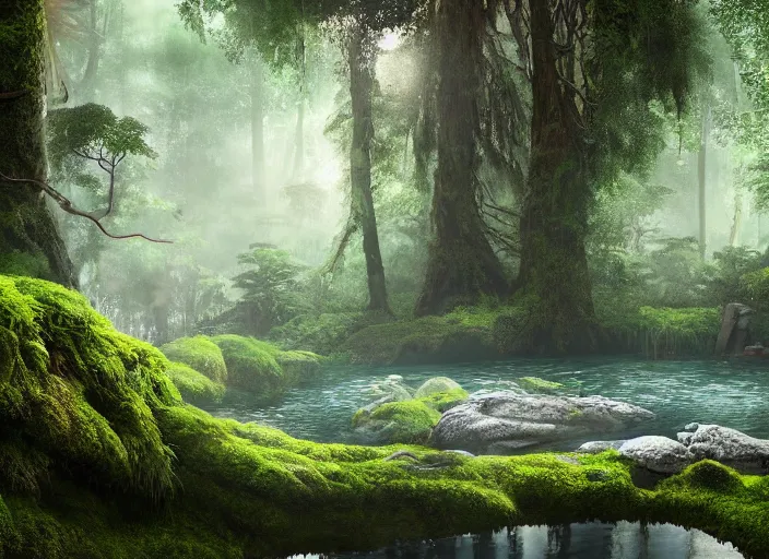 Image similar to A natural pool in a forest with tall trees, overgrown with moss, surrounded by lush plants, vines hanging from the tall trees, pine trees, detailed, digital art, trending on Artstation, atmospheric, volumetric lighting, hyper-realistic, Unreal Engine, sharp