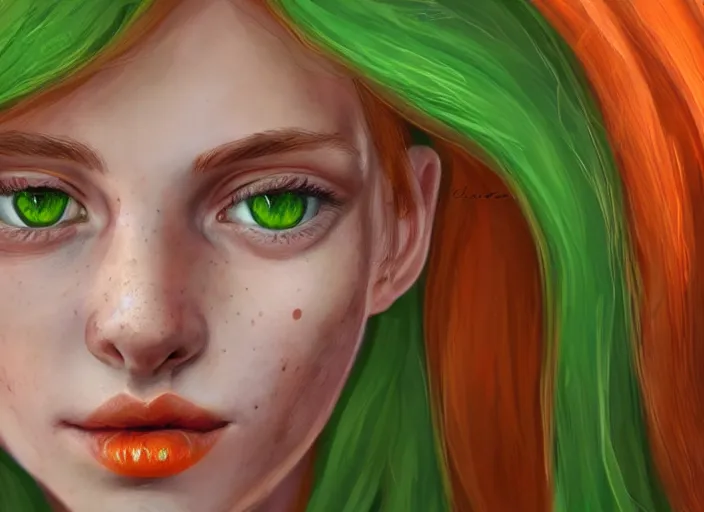 Prompt: portrait of a beautiful smiling girl with orange hair and freckles, green eyes, highly detailed, digital painting, concept art, smooth, sharp, focus, background is purple, trending on deviantart, by Jacqueline E