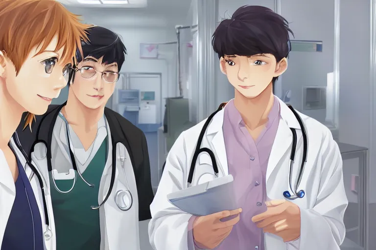 Image similar to a cute and beautiful young female doctor wearing white coat are talking with a handsome young man wearing white coat in a hospital ward, highly detailed, digital painting, slice of life anime, illustration, anime scenery by Makoto shinkai