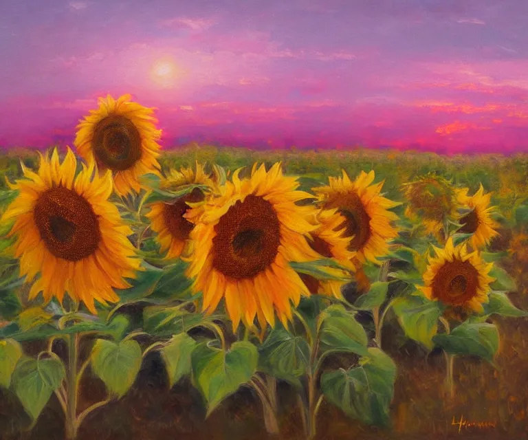 Image similar to sunflowers, william henrits, hovik zohraybyan, oil painting, bright colors, pink skies, sunrise, soft tones