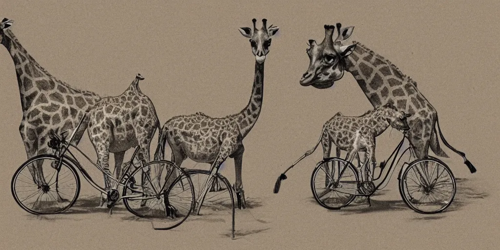 Image similar to giraffe pig hybrids riding bicycles, sepia toned illustration